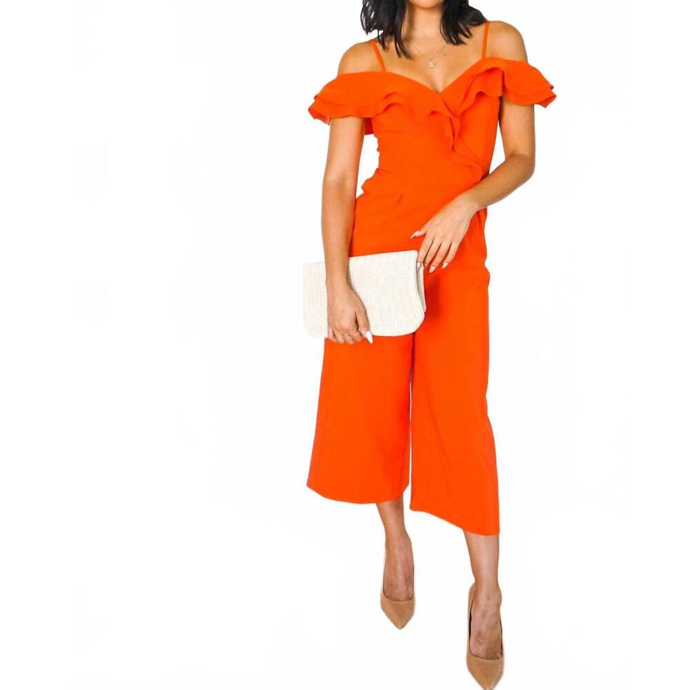 NEW MAINSTRIP on my level ruffled off shoulder midi jumpsuit in orange